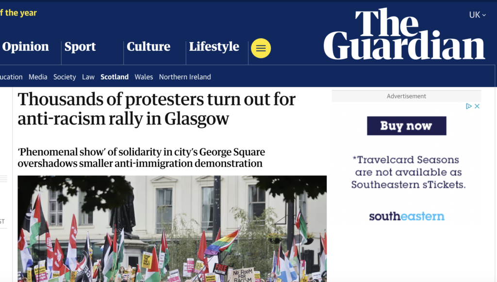 guardian report on scotland sutr counter protest against far right on 7th september 2024 in glasgow