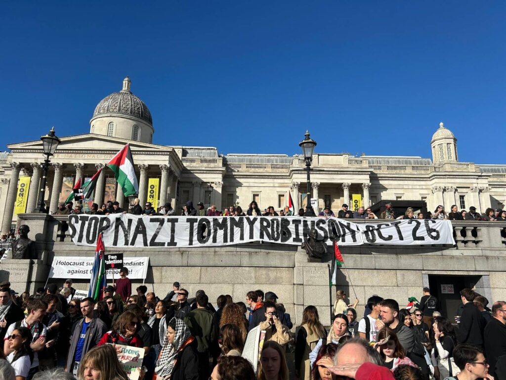 palestine demo 19th oct - banner drop for stop tommy robinson demo on 26th oct